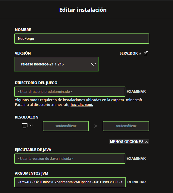 Captura de los argumentos JVM en el launcher de Minecraft
